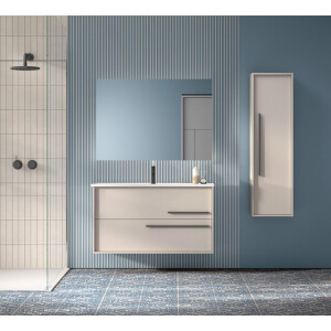 Saniclass Prime Essential Badkamermeubelset - 100x55x46cm - 1 ovale wasbak wit - 1 kraangat - 2 lades - rechthoekige spiegel - mat cotton (beige) SW892667/SW718718/SW724612