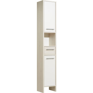 Saphir Hoge kast Quickset 350 Badkamermeubel 33 cm breed, 2 deuren, 1 lade, 1 nis Badkamer hoge kast, licht dennenhout Ida, handgrepen in aluminiumkleur (1 stuk)