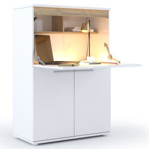 Secretaire bureau Dayana 90 Cm breed hoogglans wit met eiken