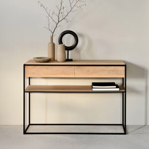 Ethnicraft Sidetable 'Monolit' Geolied Eikenhout, 122cm, kleur Naturel