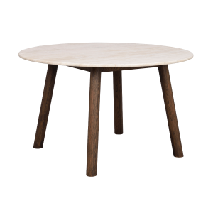 Taransay eikenhouten eettafel donker bruin - met beige travertine tafelblad - Ø125 cm