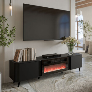 Tv-meubel Curve 200 cm breed zwart met sfeerhaard