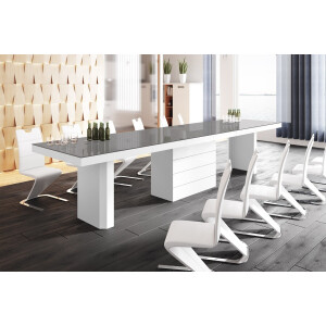 Uitschuifbare eettafel Kolos 140 tot 332 cm breed in hoogglans grijs met wit