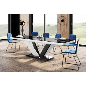 Uitschuifbare eettafel Viva 2 - 160 tot 256 cm breed in hoogglans zwart met wit