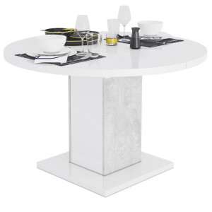 Uitschuifbare ronde eettafel Goya 120 tot 165 cm hoogglans wit met grijs