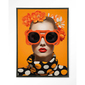 Urban Cotton Wandkleed 'Orange Flower' 110 x 145cm in Floating Frame - black