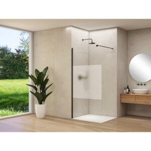 Van Rijn Products ST01 vaste wand - 88x200cm - helder glas met satijnbaan - - dikte 8mm - stabilisatiestang - muurprofiel - Zwart ST0150090GSZWM