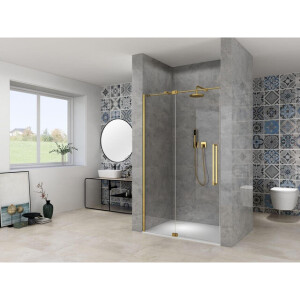 Van Rijn Products ST08 Nis draaideur - 120x200cm - helder glas - dikte 8mm - 2 delig - muurprofiel - stabilisatiestang - Messing ST08300120HESB