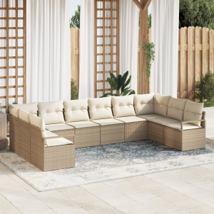 vidaXL Bankstel met kussen 10 pcs Beige poly rattan