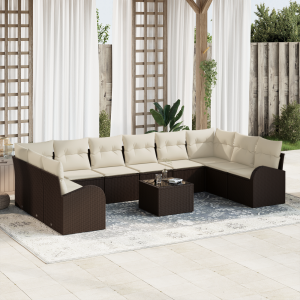 vidaXL 10-delige tuinset met crèmekleurige kussens en grijs poly rattan