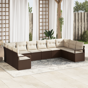 vidaXL Bankstel met kussen 10 pcs Bruin poly rattan