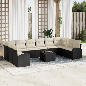 vidaXL Bankstel met kussen 11 pcs Zwart Polyrattan