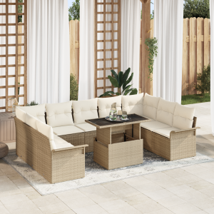 vidaXL 10-delige tuinset met kussens in beige poly rattan