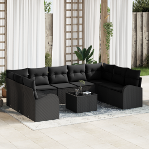 vidaXL Bankstel met kussen 10 pcs Zwart Poly Rattan