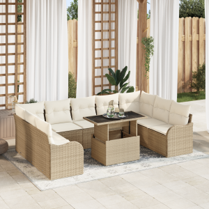 vidaXL 10-delige tuinset met kussens in beige poly rattan
