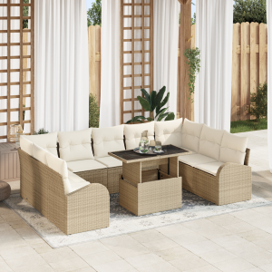 vidaXL 10-delige tuinset met kussens in beige poly rattan
