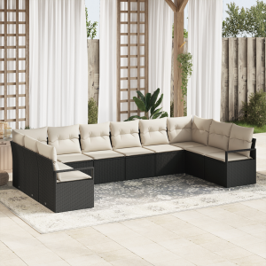 vidaXL Bankstel met kussen 10 pcs Zwart poly rattan