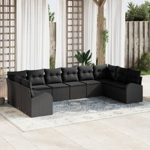 vidaXL Bankstel met kussen 10 pcs Zwart Polyrattan