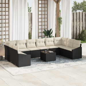 vidaXL Bankstel met kussen 11 pcs Zwart poly rattan