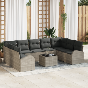 vidaXL Bankstel met kussen 10 pcs Lichtgrijs Poly Rattan