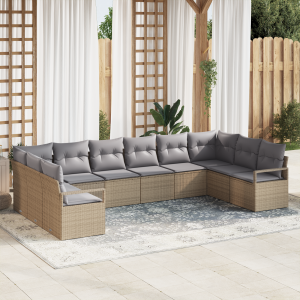 vidaXL Bankstel met kussen 10 pcs Beige poly rattan