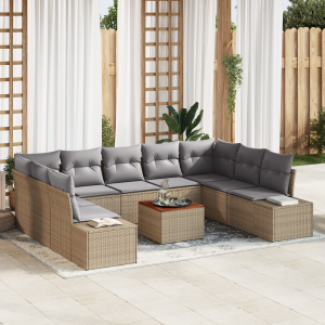 vidaXL 10-delige tuinsofa set met kussens in beige van poly rattan en acacia