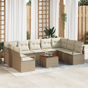 vidaXL 10-delige Tuinsofa Set met Kussens in Beige van Poly Rattan en Acacia