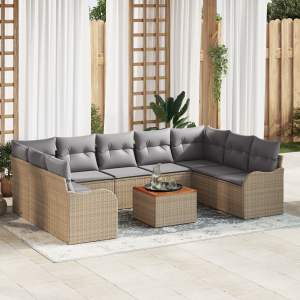 vidaXL 10-delige tuinsofa set met kussens in beige van poly rattan en acaciahout