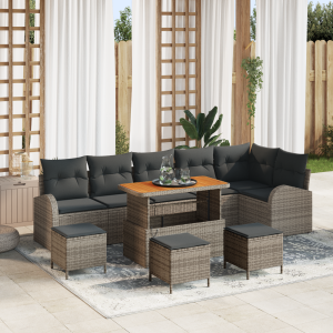 vidaXL 10-delige tuinsofa set met kussens in grijs, van poly rattan en acacia