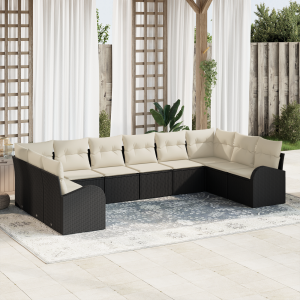 vidaXL Bankstel met kussen 10 pcs Zwart Polyrattan