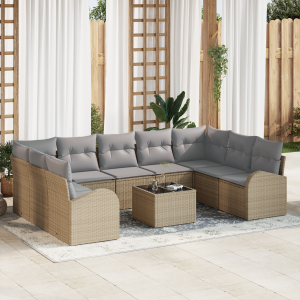 vidaXL Bankstel met kussen 10 pcs Beige Poly Rattan