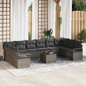 vidaXL Bankstel met kussen 11 pcs Grijs poly rattan
