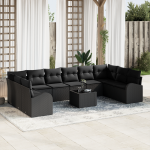 vidaXL Bankstel met kussen 11 pcs Zwart Polyrattan