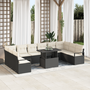 vidaXL Tuin Sofa Set met kussen 11 pcs Zwart en crème poly rattan