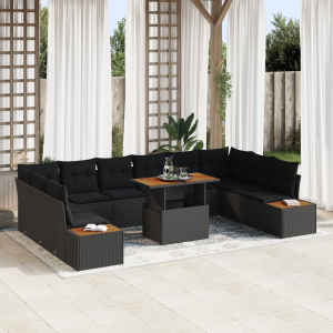 vidaXL 11-delige tuinset met kussens in zwart poly rattan