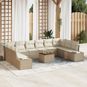 vidaXL 11-delige tuinsofa set met kussens in beige van poly rattan en acaciahout