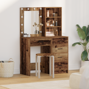 vidaXL 2-delige make-uptafelset met LED in oud hout en samengesteld hout