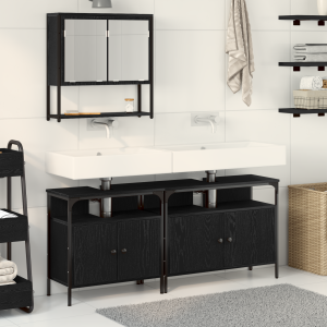 vidaXL Badkamermeubelset met plank met opslag 3 pcs Zwart Bewerkt hout