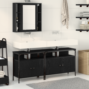 vidaXL Badkamermeubels met plank met opslag 3 pcs Zwart Bewerkt hout