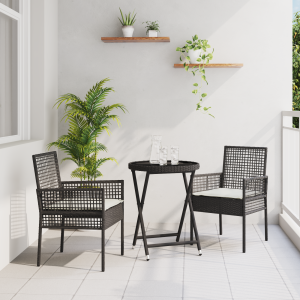 vidaXL 3-delige Bistro Set voor in de Tuin met Kussens - Zwart Poly Rattan