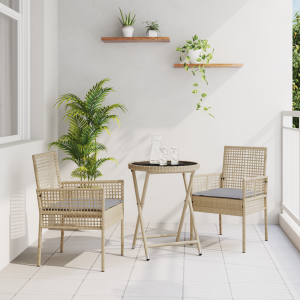 vidaXL 3-delige bistroset voor in de tuin met kussens - Beige Poly Rattan