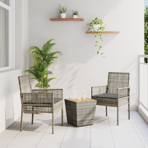 vidaXL 3-delige Bistroset voor in de tuin met kussens - Grijs Poly Rattan