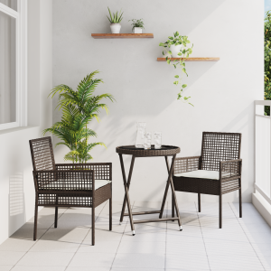 vidaXL 3-delige bistroset voor in de tuin met kussens in bruin poly rattan