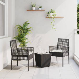 vidaXL 3-delige bistroset voor in de tuin met kussens - zwart poly riet