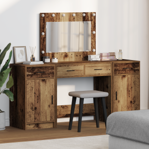 vidaXL 3-Delige Make-up Tafel Set met LED - Vintage Hout en Houtcomposiet