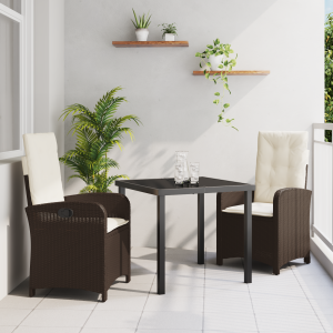 vidaXL 3-delige Tuin Eetset met Kussens - Bruin Poly Rattan
