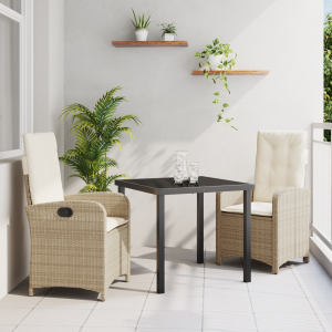 vidaXL 3-delige tuin eetset met kussens in beige poly rattan