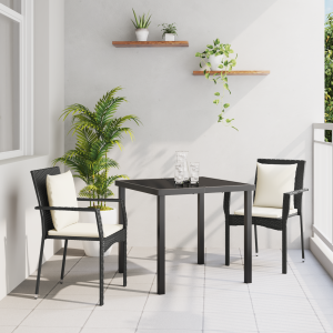 vidaXL 3-delige tuin eetset met kussens zwart poly rattan