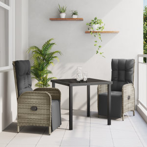 vidaXL 3-delige Tuin Eettafel Set met Kussens - Grijs Poly Rattan