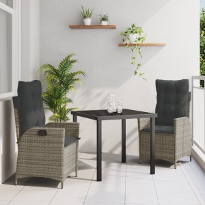 vidaXL 3-delige Tuinset met Kussens Grijs Poly Rattan